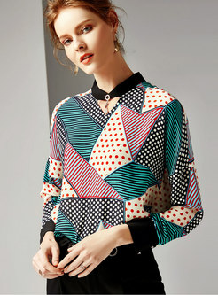 Chic Geometric Print Stand Collar Pullover Blouse