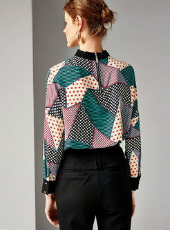 Chic Geometric Print Stand Collar Pullover Blouse