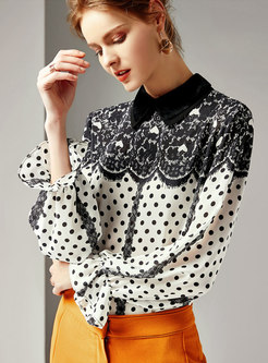 Lace Splicing Polka Dot Lapel Pullover Blouse