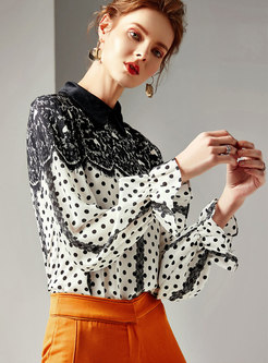 Lace Splicing Polka Dot Lapel Pullover Blouse