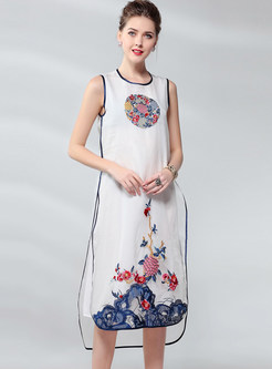 Vintage Sleeveless Silk Embroidered Loose Dress