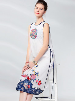 Vintage Sleeveless Silk Embroidered Loose Dress