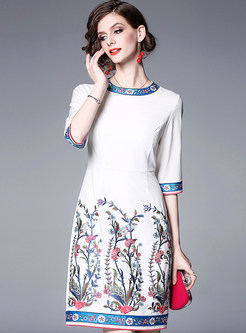 Ethnic Embroidered O-neck Bodycon Slim Dress