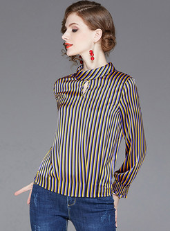 Fashion Standing Collar Long Sleeve Striped Blouse