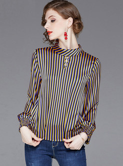 Fashion Standing Collar Long Sleeve Striped Blouse