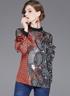 Trendy Standing Collar Lace Splicing Print Blouse