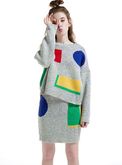 Color-blocked Pullover Sweater & Mini Knitted Skirt