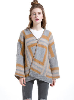 Fashion V-neck Geometric Pattern Knitted Coat