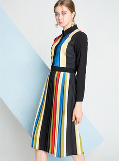 Color-blocked Lapel Long Sleeve Striped Pleated Dress