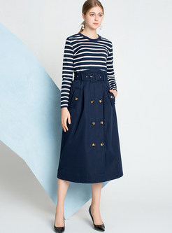 Style Pullover Striped Knitted T-Shirt & A Line Skirt