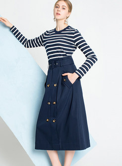 Style Pullover Striped Knitted T-Shirt & A Line Skirt