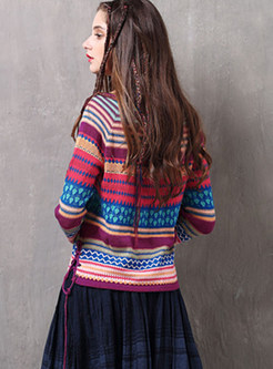 V-neck Color-blocked Tied Pullover Print Sweater