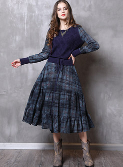 Retro O-neck Long Sleeve Knitted Splicing Plaid Dress