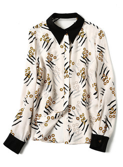 Color-blocked Lapel Single-breasted Silk Print Blouse