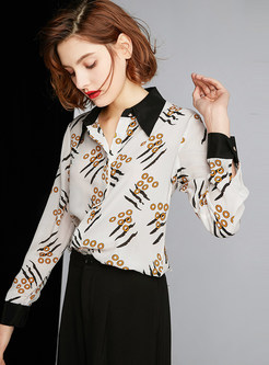 Color-blocked Lapel Single-breasted Silk Print Blouse