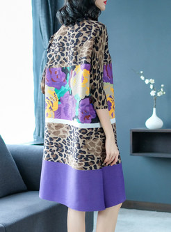 Casual High Neck Plus Size Leopard Print Pleated Dress