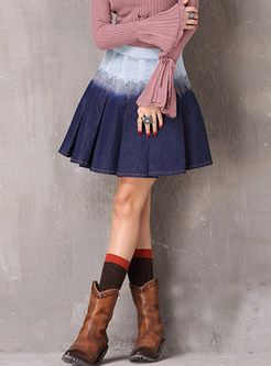 Color-blocked High Waist Pleated Denim Mini Skirt