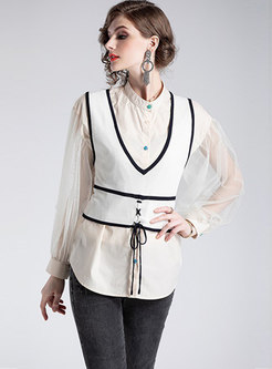 Mesh Sleeve Stand Collar Asymmetric Blouse & Color-blocked V-neck Tied Vest