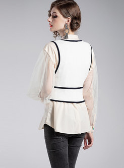 Mesh Sleeve Stand Collar Asymmetric Blouse & Color-blocked V-neck Tied Vest
