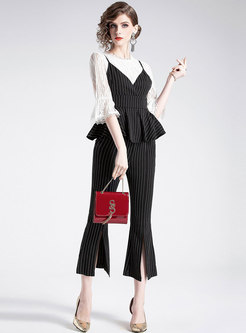 Flare Sleeve Lace Blouse With Striped Vest & Striped Flare Pants
