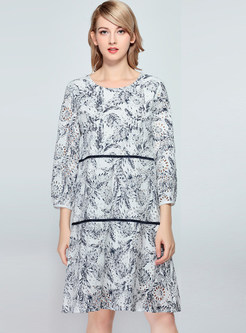 Elegance O-neck Print Single-breasted Knee-length Dress