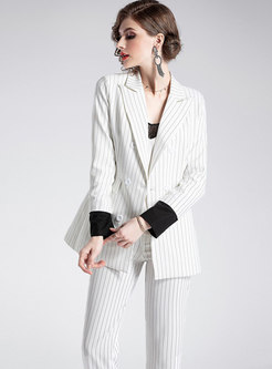 Striped Notched Double-breasted Blazer & Straight Pants