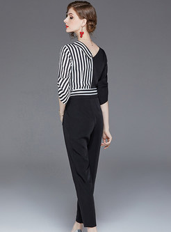 Color-blocked V-neck Striped Slim High Waist Jumpsuits