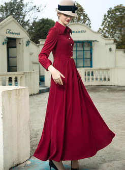 Solid Color Lapel Long Sleeve Big Hem Chiffon Maxi Dress