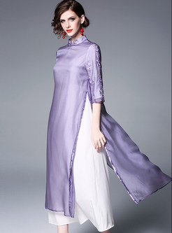 Vintage Half Sleeve Embroidered Mid-claf Dress