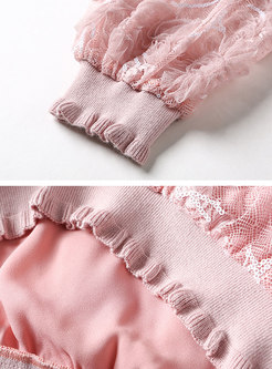 Sweet Pink O-neck Lace Blouse & Elastic Waist Gauze Skirt