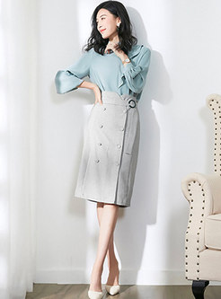 Elegant Stand Collar Falbala Blouse & High Waist Double-breasted Bodycon Skirt
