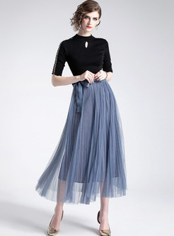 Gauze High Waist Bowknot Pleated Skirt