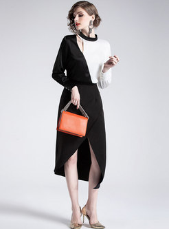 Color-blocked Hollow Out Pullover Blouse & Asymmetric Slit Skirt