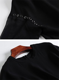 Black Splicing O-neck Bowknot Pullover Blouse & Shorts
