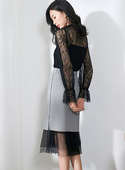 Sexy Lace See-though Blouse & Grid Splicing Sheath Skirt