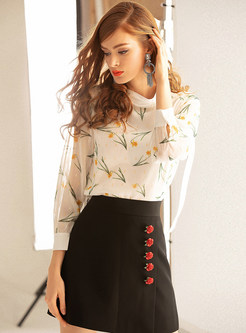 Standing Collar Tied Long Sleeve Print Blouse