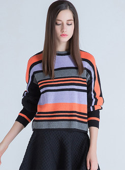 Color-blocked O-neck Pullover Striped Knitted Sweater