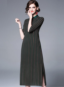 Mandarin Collar Half Sleeve Striped Improved Cheongsam Dress