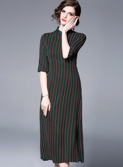 Mandarin Collar Half Sleeve Striped Improved Cheongsam Dress