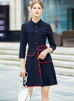 Color-blocked Lapel Single-breasted Splicing Pleated Dress