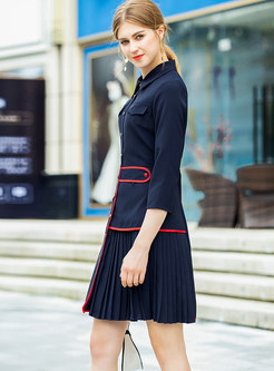 Color-blocked Lapel Single-breasted Splicing Pleated Dress