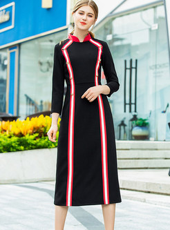 Stylish Standing Collar Long Sleeve A Line Dress