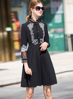 Fashion Hollow Out Embroidered Pleated Skater Dress