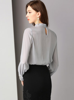 Brief Solid Color Standing Color Long Sleeve Blouse