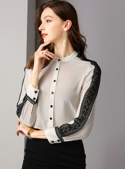 Color-blocked O-neck Single-breasted Blouse