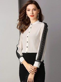 Color-blocked O-neck Single-breasted Blouse
