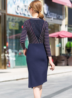 O-neck Long Sleeve Striped Splicing Asymmetric Slim Dress