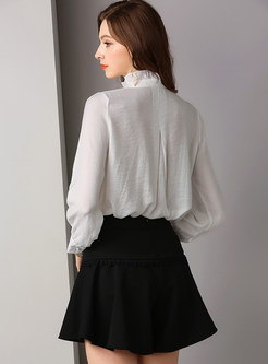 White Standing Collar Tied Long Sleeve Blouse