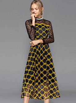 Elegant Plaid Splicing Perspective Slim A Line Dress