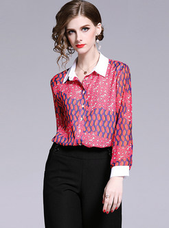 Color-blocked Turn Down Collar Single-breasted Blouse
